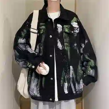 玉儿恋 高街扎染涂鸦翻领落肩牛仔宽松单排扣休闲夹克外套 男款