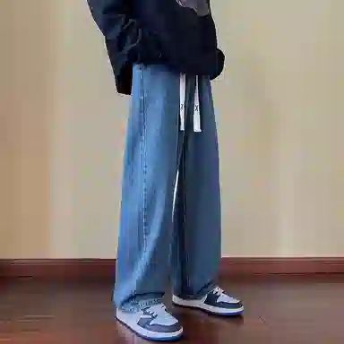 玉儿恋 潮牌水洗做旧复古中腰宽松直筒休闲系带牛仔裤 男款