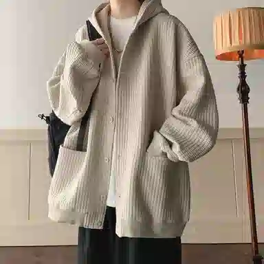 玉儿恋 美式复古纯色宽松百搭开衫连帽加厚夹克外套 男款