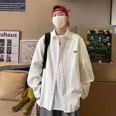 玉儿恋 纯色翻领百搭休闲宽松日系薄款长袖衬衫 男款