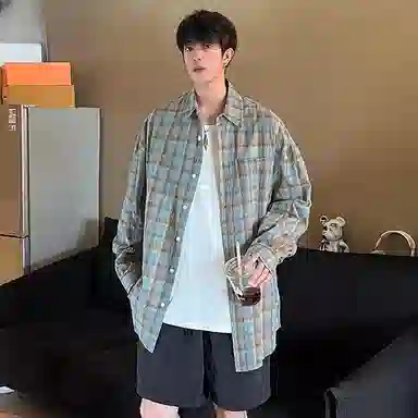 玉儿恋 美式复古休闲条纹日系格子宽松薄款潮流透气长袖衬衫 男女同款