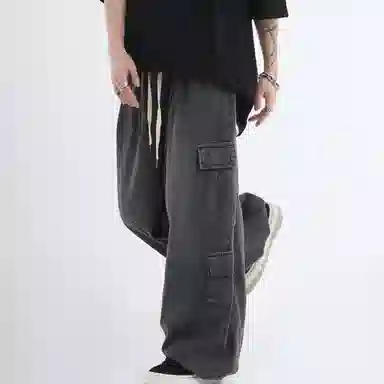 玉儿恋 立体贴袋潮牌水洗中腰宽松阔腿系带牛仔裤 男款