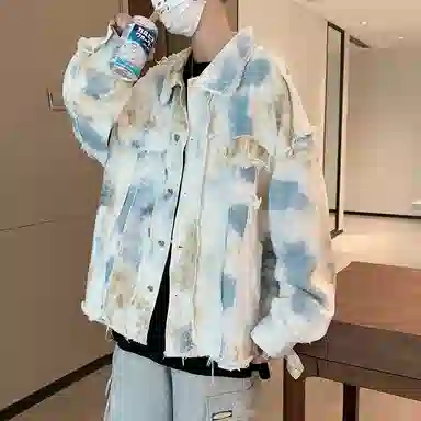 玉儿恋 扎染牛仔港风翻领宽松落肩休闲毛边做旧单排扣长袖夹克外套 男款 蓝白色