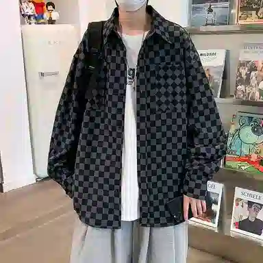 玉儿恋 格子印花翻领落肩宽松纽扣长袖衬衫 男款 黑色