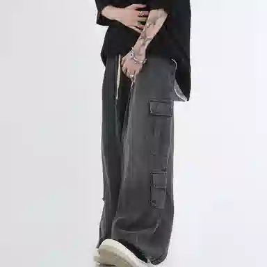 玉儿恋 立体贴袋潮牌水洗中腰宽松阔腿系带牛仔裤 男款