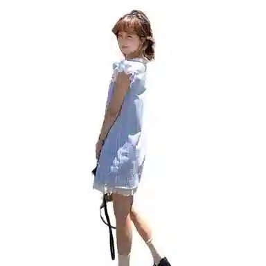 玉儿恋 小飞袖格子中长款时尚舒适短袖连衣裙 女款 蓝色