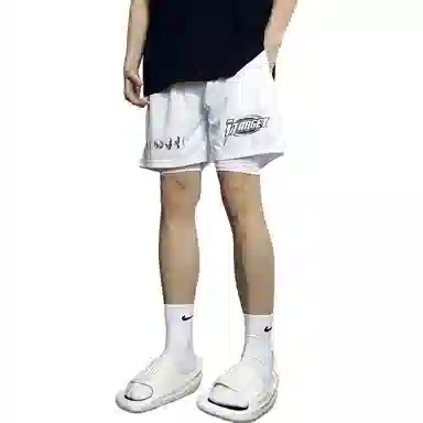 玉儿恋 字母拼色中腰系带透气百搭直筒运动短裤 男女同款