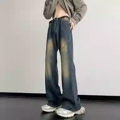 玉儿恋 水洗渐变直筒宽松牛仔裤 男款 蓝色