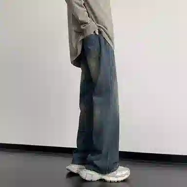 玉儿恋 水洗渐变直筒宽松牛仔裤 男款 蓝色