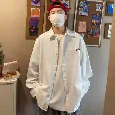 玉儿恋 纯色翻领百搭休闲宽松日系薄款长袖衬衫 男款