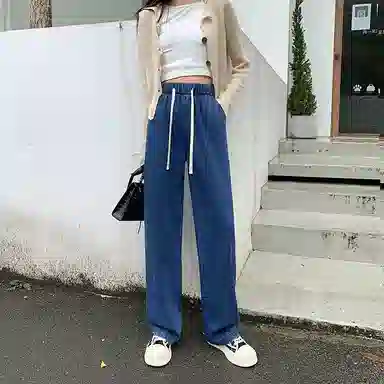 玉儿恋 纯色垂感阔腿高腰宽松直筒拖地牛仔裤 女款