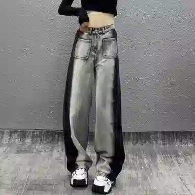 玉儿恋 美式高腰直筒高腰宽松牛仔裤 女款 黑灰色
