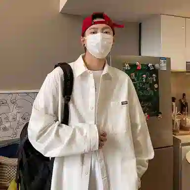 玉儿恋 纯色翻领百搭休闲宽松日系薄款长袖衬衫 男款