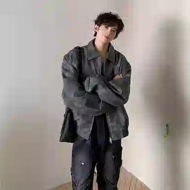 玉儿恋 美式复古做旧纯色翻领落肩宽松拉链夹克外套 男女同款 灰色
