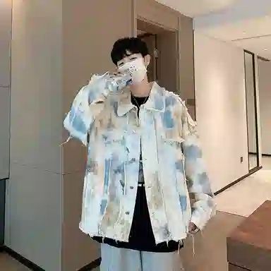 玉儿恋 扎染牛仔港风翻领宽松落肩休闲毛边做旧单排扣长袖夹克外套 男款 蓝白色