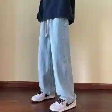 玉儿恋 潮牌水洗做旧复古中腰宽松直筒休闲系带牛仔裤 男款