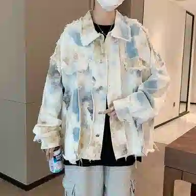玉儿恋 扎染牛仔港风翻领宽松落肩休闲毛边做旧单排扣长袖夹克外套 男款 蓝白色