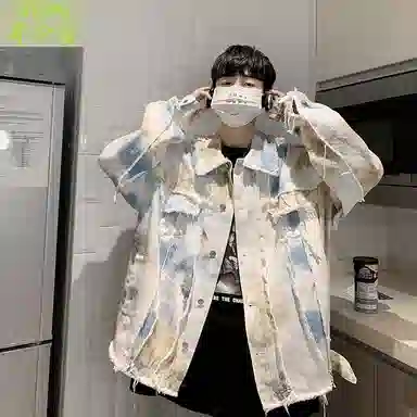 玉儿恋 扎染牛仔港风翻领宽松落肩休闲毛边做旧单排扣长袖夹克外套 男款 蓝白色