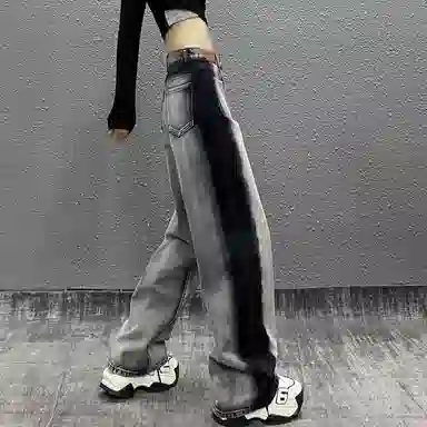 玉儿恋 美式高腰直筒高腰宽松牛仔裤 女款 黑灰色