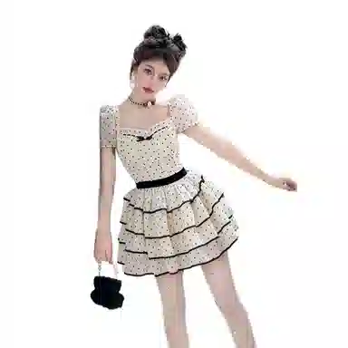 玉儿恋 方领泡泡袖波点女夏季小个子甜美可爱法式公主蛋糕蓬蓬裙子短袖连衣裙 女款