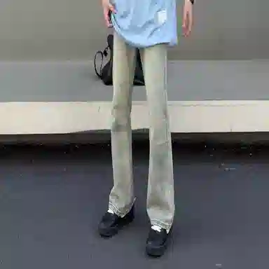玉儿恋 美式复古街头水洗百搭微喇休闲牛仔裤 男女同款