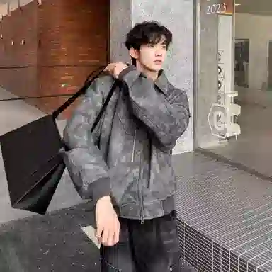 玉儿恋 美式复古做旧纯色翻领落肩宽松拉链夹克外套 男女同款 灰色