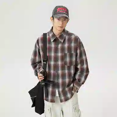 玉儿恋 美式复古格子翻领贴袋设计宽松长袖衬衫 男款