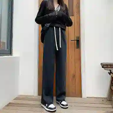 玉儿恋 纯色垂感阔腿高腰宽松直筒拖地牛仔裤 女款