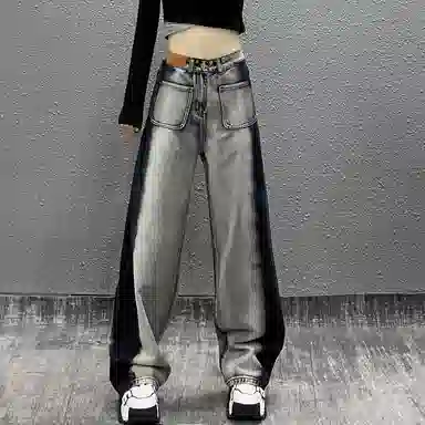 玉儿恋 美式高腰直筒高腰宽松牛仔裤 女款 黑灰色
