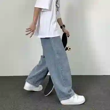 玉儿恋 港风做旧中腰宽松直筒复古拉链牛仔裤 男款