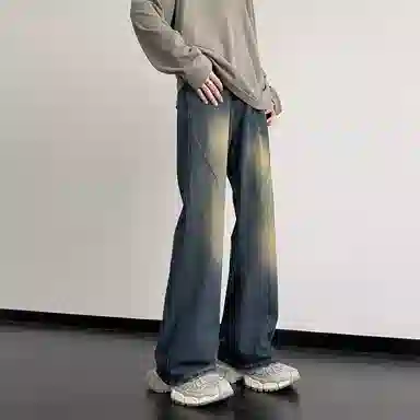 玉儿恋 水洗渐变直筒宽松牛仔裤 男款 蓝色