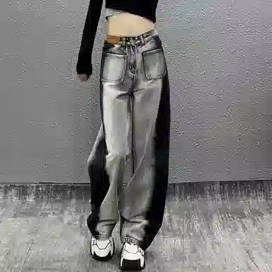 玉儿恋 美式高腰直筒高腰宽松牛仔裤 女款 黑灰色