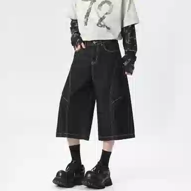 冰飞 美式复古高级感解构线条拼接简约基础款宽松休闲舒适七分潮牌潮流高街小众牛仔短裤 男女同款 原牛黑