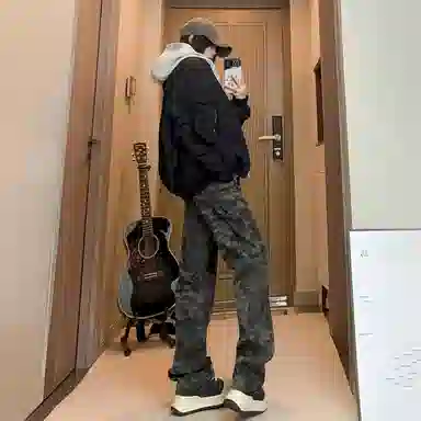 冰飞 美式复古高街宽松休闲舒适高级感口袋设计潮牌潮流牛仔裤 男女同款 迷彩色