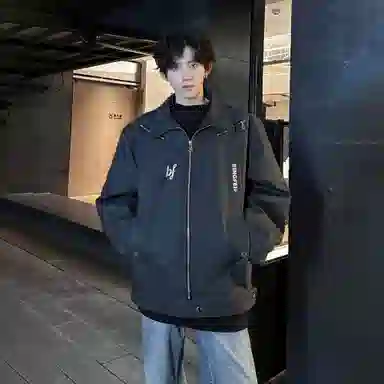 冰飞 美式复古解构学院风翻领防水防风后背双拉链设计潮牌痞帅时尚机车服宽松外套户外嘻哈街头皮衣 男女同款