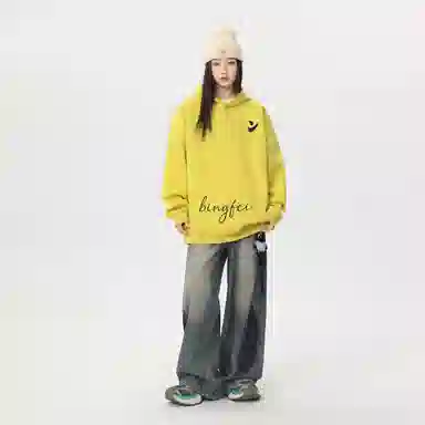 冰飞 美式复古高级感简约基础款创意手绘字母图案发泡印花高街潮牌外套学院风小众设计感高克重磅连帽卫衣 男女同款
