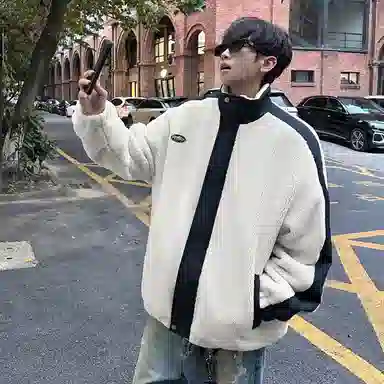 冰飞 美式复古学院风字母胶标图案基础款纯色拼接羊羔毛宽松休闲柔软亲肤舒适加厚保暖御寒潮牌百搭痞帅拉链翻领绒感棉服 男女同款