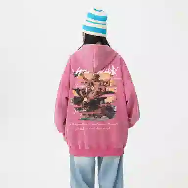 冰飞 美式复古嘻哈街头个性灵感创意撕裂感西方人物油画图案印花宽松休闲高级感水洗做旧上衣服重磅时尚百搭连帽卫衣 男女同款