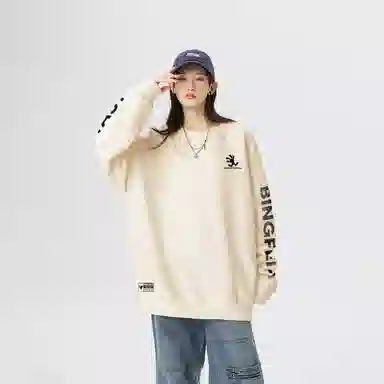 冰飞 美式复古高街创意趣味卡通动漫图案双臂字母印花宽松休闲舒适圆领套头秋衣服嘻哈街头学院风时尚重磅长袖卫衣 男女同款