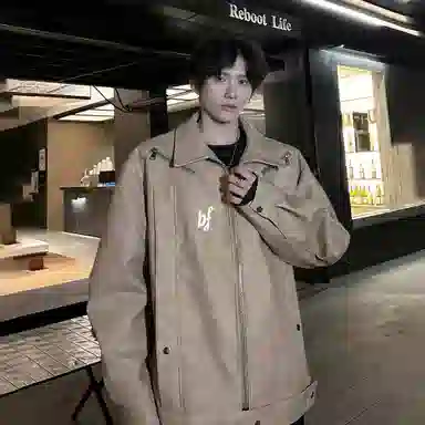 冰飞 美式复古解构学院风翻领防水防风后背双拉链设计潮牌痞帅时尚机车服宽松外套户外嘻哈街头皮衣 男女同款