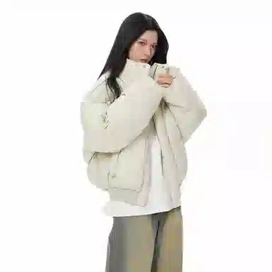 冰飞 美式复古学院风字母立体胶标图案潮牌短款小众立领拉链慵懒高级感痞帅街头保暖御寒柔软舒适百搭宽松韩版加厚面包棉服 男女同款