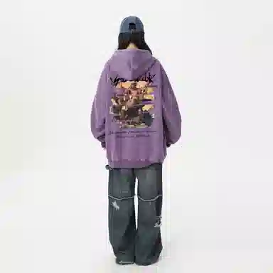 冰飞 美式复古嘻哈街头个性灵感创意撕裂感西方人物油画图案印花宽松休闲高级感水洗做旧上衣服重磅时尚百搭连帽卫衣 男女同款