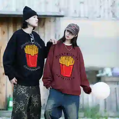 冰飞 美式复古时尚前卫创意趣味薯条图案字母印花宽松休闲舒适套头落肩无帽上衣潮牌潮流青少年感重磅百搭圆领卫衣 男女同款