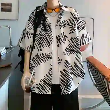 冰飞 美式复古时尚个性冰丝凉感亲肤透气夏威夷风沙滩半袖衬衣服潮牌潮流短袖条纹花衬衫 男女同款