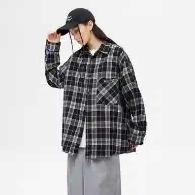 冰飞 美式复古无性别主义风皮标字母印花简约工装口袋上衣外套美拉得色慵懒感叠穿外穿宽松休闲单排扣翻领垂感长袖衬衫 男女同款