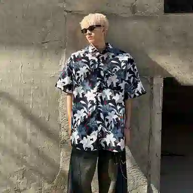 冰飞 日系复古花卉夏威夷轻薄宽松翻领短袖衬衫 男女同款