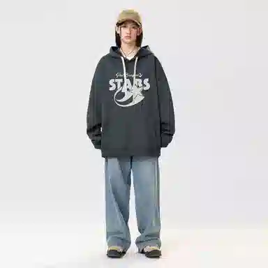 冰飞 美式复古学院风趣味星星字母图案印花宽松休闲落肩套头潮牌痞帅设计高级感小众硬挺重磅加绒加厚连帽卫衣 男女同款