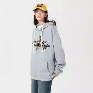 冰飞 美式时尚小众设计感百搭连帽慵懒风豹纹星星印花御寒保暖加绒加厚套头重磅上衣卫衣 男女同款