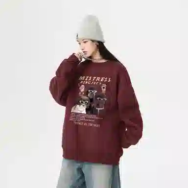 冰飞 美式高街复古学院风创意趣味搞怪风可爱狗狗图案字母印花宽松休闲舒适圆领落肩套头上衣服无性别主义重磅长袖卫衣 男女同款