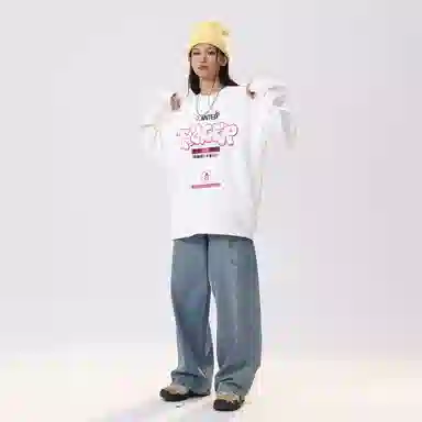 冰飞 美式复古学院风创意趣味手绘立体字母图案印花宽松休闲舒适套头落肩圆领上衣服潮牌潮流重磅长袖卫衣 男女同款